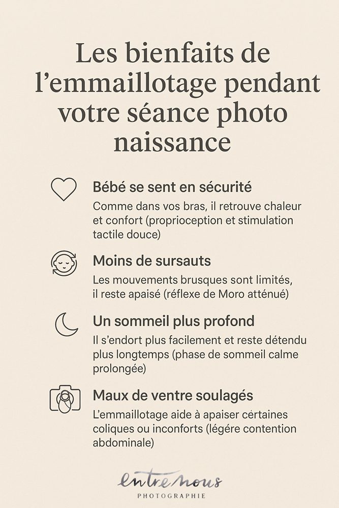Infographie des bienfaits de l’emmaillotage en séance photo naissance à Tours - photographe à tours